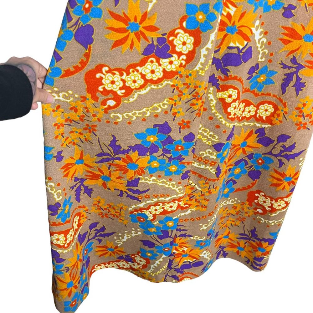 Vintage 60s Tan Multicolor Floral Print Long Sleeve Full Length Dress Medium - Picture 3 of 9